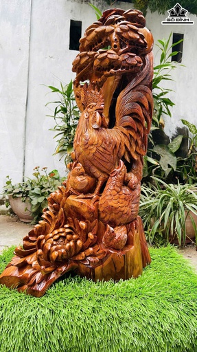 Tượng Gia Đình Gà Gỗ Hương Cao 81 Ngang 45 Sâu 32 (cm)
