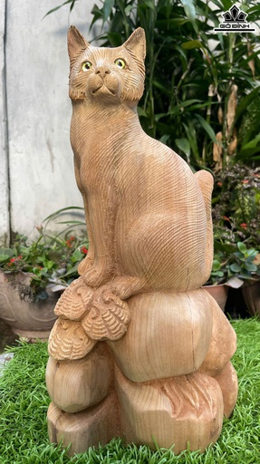 Tượng Mèo Gỗ Ngọc Am Cao 45 Ngang 24 Sâu 15 (cm)