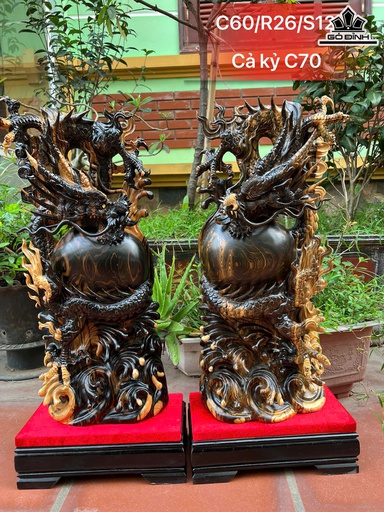 Cặp Rồng ( Nhất Long) Trấn Chum Gỗ Mun Hoa Cao Cả Kỷ 70 Ngang 26 Sâu 12 (cm) - Kỷ Cao 10 (cm)