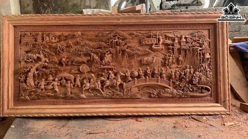 Tranh Vinh Quy Bái Tổ Gỗ Hương Đá Kích Thước 107x237x8 (cm)