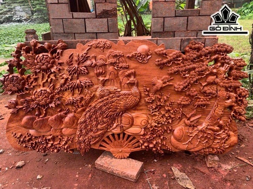 Tranh Quạt Phu Thê Viên Mãn Gỗ Hương Đá Kích Thước 50x100x3,5 (cm)