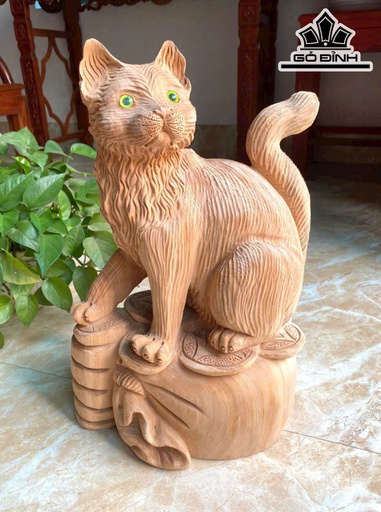 Tượng Mèo Gỗ Ngọc Am Cao 44 Ngang 28 Sâu 21 (cm) - 10kg