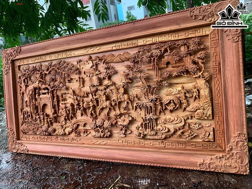 Tranh Vinh Quy Bái Tổ Gỗ Hương Đá Kích Thước 107x217x8 (cm)