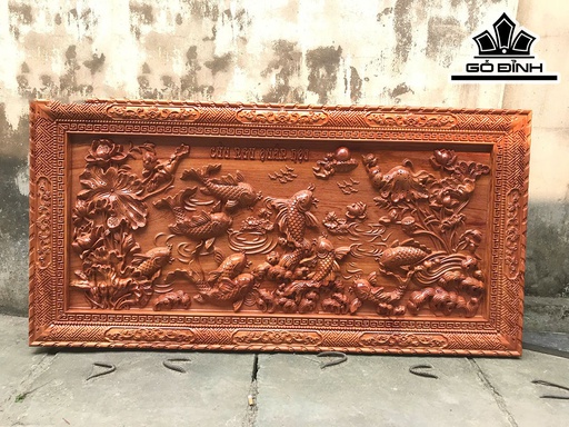 Tranh Cửu Ngư Quần Hội Gỗ Hương Đá Kích Thước 70x140x5 (cm)