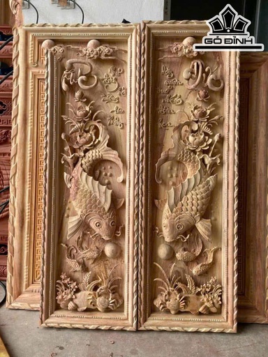 Tranh Cá Chép Gỗ Hương Đá Kích Thước 37x117x5 (cm)