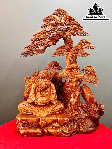 Tượng Đạt Ma Sư Tổ Ngự Gốc Tùng Gỗ Hương Cao 100 Ngang 65 Sâu 35 (cm)